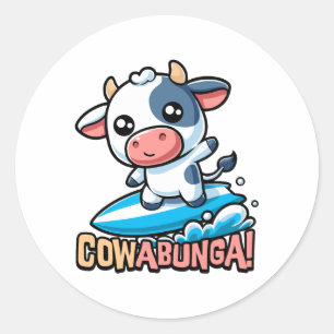 Sticker Rond Cowabunga ! Cute Surfing Cow Pun