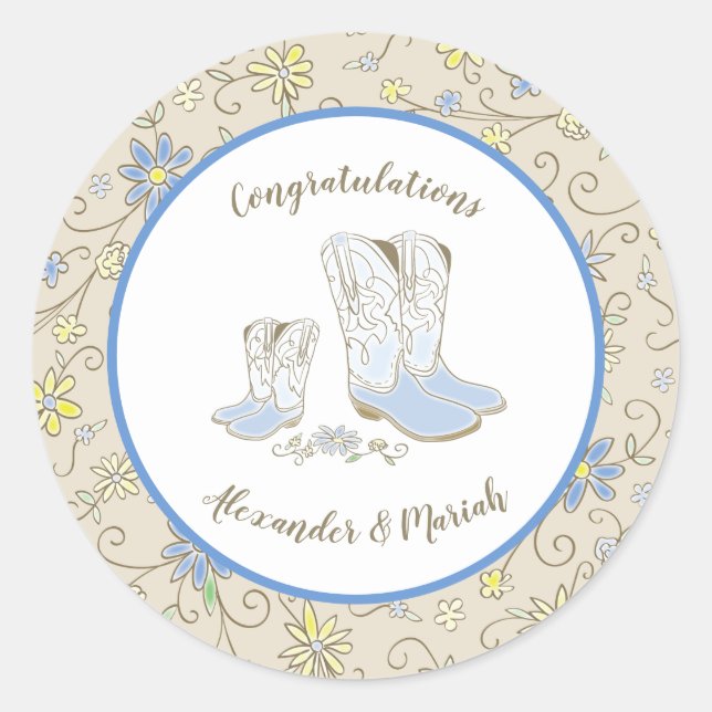 Sticker Rond Cowboy Baby shower Pays Western Blue Boy (Devant)