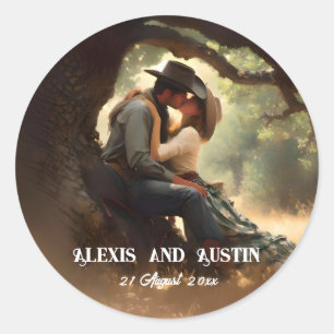 Sticker Rond Cowboy et Cowgirl Kissing Mariage