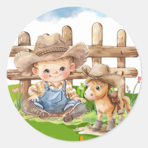 Sticker Rond Cowboy et un Baby shower de garçon de cheval poney