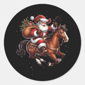 Sticker Rond Cowboy Père Noël Monter Un Cheval Noël Drôle Weste