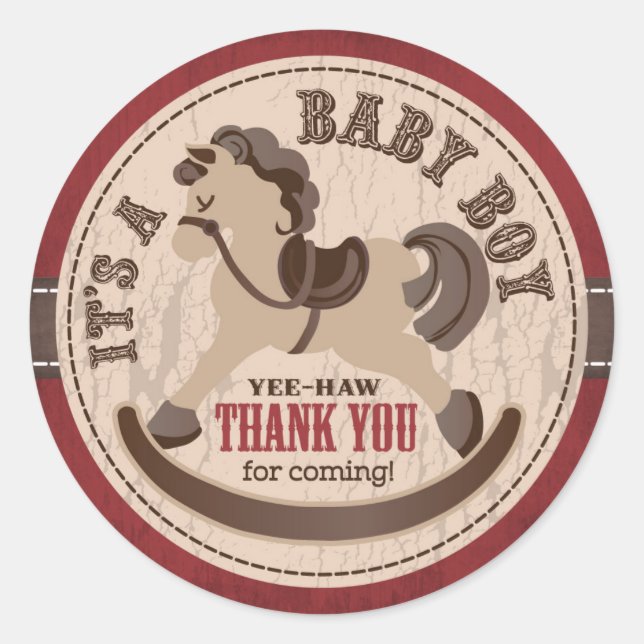 Sticker Rond Cowboy Rocking Horse Baby shower de l'Ouest (Devant)