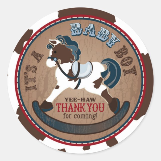 Sticker Rond Cowboy Rocking Horse Baby shower de l'Ouest (Devant)