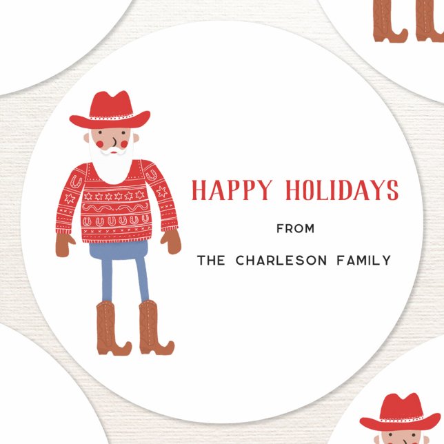 Sticker Rond Cowboy Santa Claus Christmas (Fun Cowboy Santa Claus Western Christmas Holiday sticker custom text)