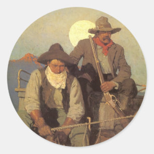 Sticker Rond Cowboys Vintage, La Scène de Paiement par NC Wyeth
