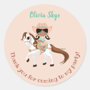 Sticker Rond Cowgirl afro-américaine sur un cheval pour l'anniv