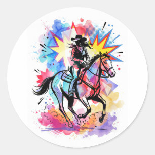 Sticker Rond Cowgirl Colorée Cheval Aquarelle Pop Art