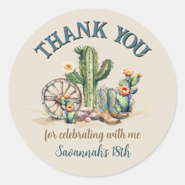 Sticker Rond Cowgirl Western Rodeo Thème Merci (Devant)