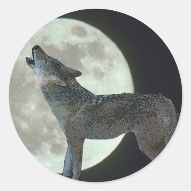 Sticker Rond Coyote Howling sur la lune (Devant)