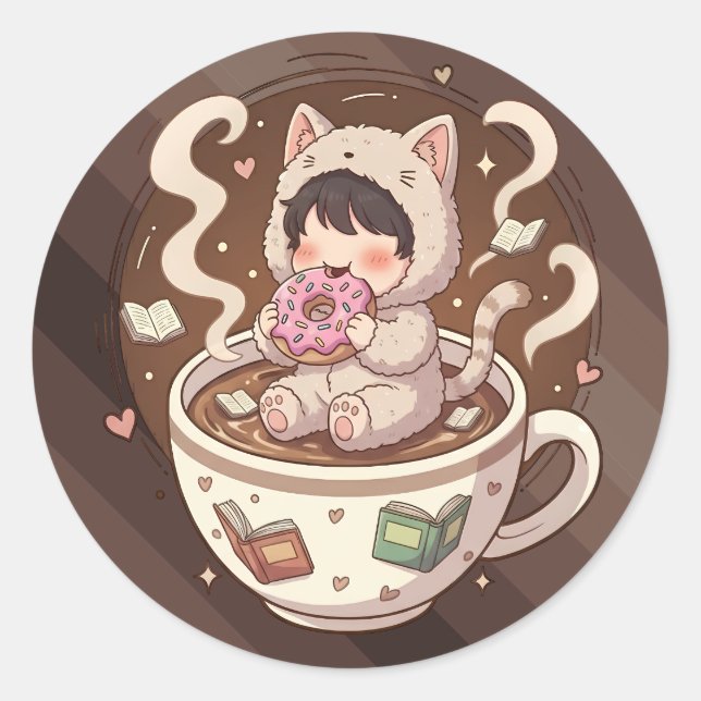 Sticker Rond Cozy Cat Coffee Adventure Art (Devant)