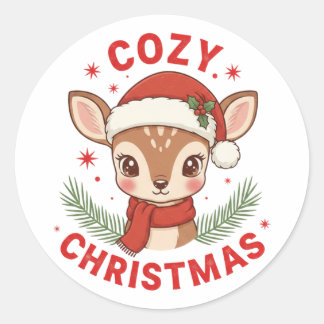 Sticker Rond Cozy Christmas Cute Deer with Santa Hat