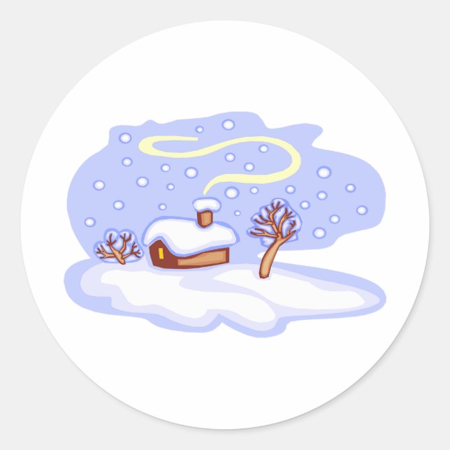 Sticker Rond Cozy Winter Cabin in Snow Frosty Landscape (Devant)