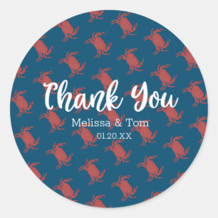 Sticker Rond Crabe Broil Boil Rouge Bleu Motif Mariage Merci