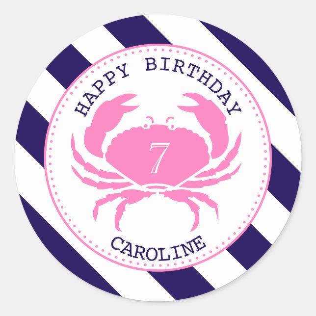 Sticker Rond Crabe rose Nautique Anniversaire Invitation (Devant)