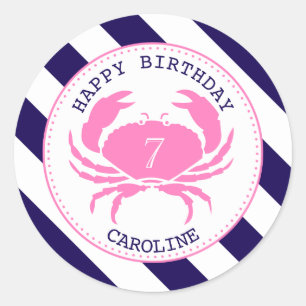 Sticker Rond Crabe rose Nautique Anniversaire Invitation