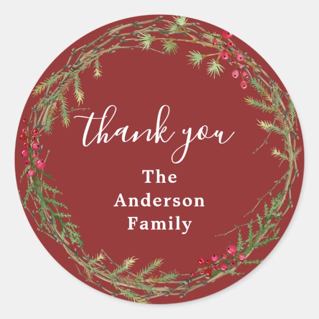 Sticker Rond Cranberry Red Christmas Wreath Thank You (Devant)