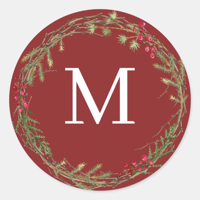 Sticker Rond Cranberry Red Rustic Christmas Wreath Monogram (Devant)