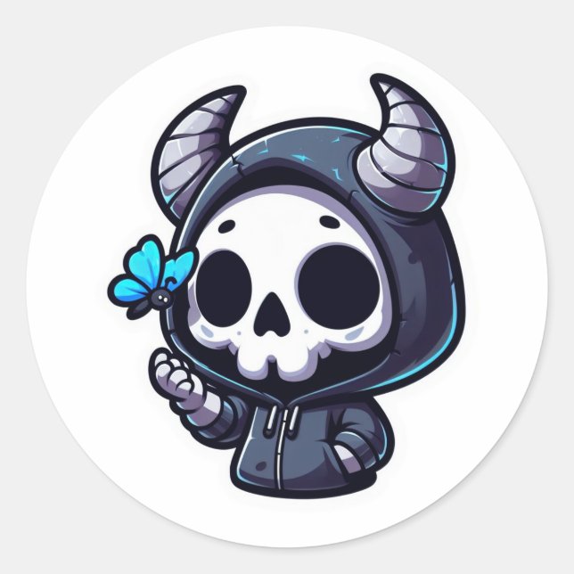 Sticker Rond Crâne à cornes avec papillon bleu (Devant)