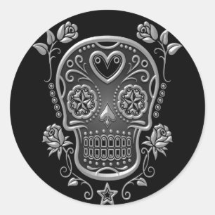 Sticker Rond Crâne à sucre avec Roses, foncé
