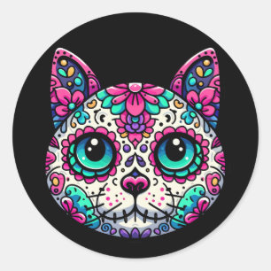 Sticker Rond Crâne à sucre de chats coloré
