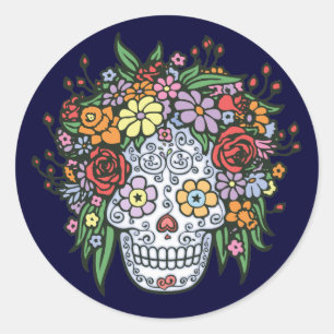 Sticker Rond Crâne à sucre en cheveux fleuris