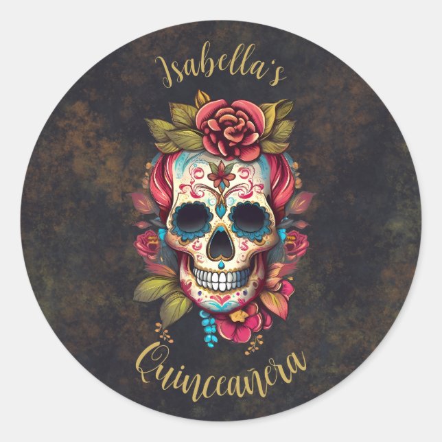 Sticker Rond Crâne à sucre floral Quinceanera Anniversaire (Devant)
