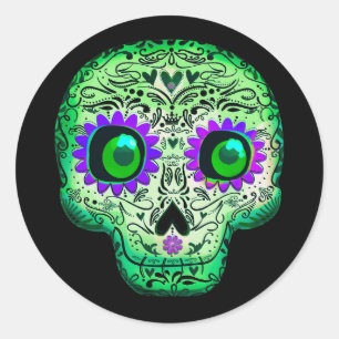 Sticker Rond Crâne à sucre vert et pourpre Fête d'Halloween noi