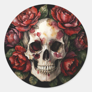 Sticker Rond Crâne aux roses rouges