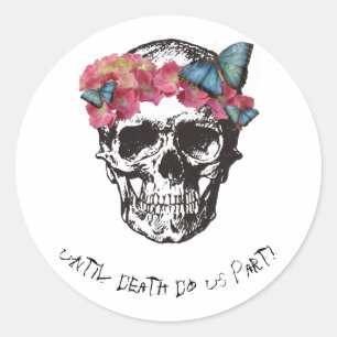 Sticker Rond Crâne avec Hydrangea et Papillons