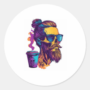 Sticker Rond Crâne caféiné - Drôle Squelette Barista