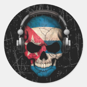 Sticker Rond Crâne cubain rayé du DJ avec des écouteurs