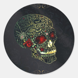 Sticker Rond Crâne de araignée et roses de fête glamour gothiqu