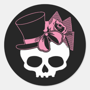 Sticker Rond Crâne de fille avec Casquette et cou rose