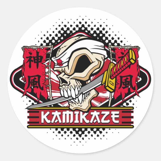 Sticker Rond Crâne de Kamikaze avec épée japonaise (Devant)