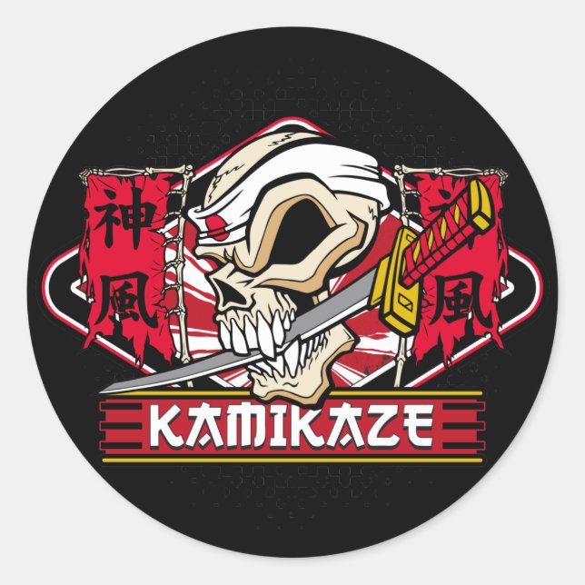 Sticker Rond Crâne de Kamikaze avec épée japonaise (Devant)