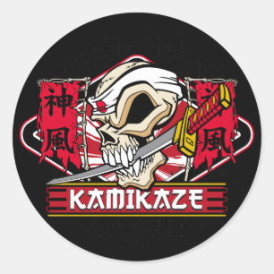 Sticker Rond Crâne de Kamikaze avec épée japonaise