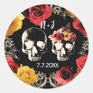 Sticker Rond Crâne de squelette rouge jaune automne floral mari