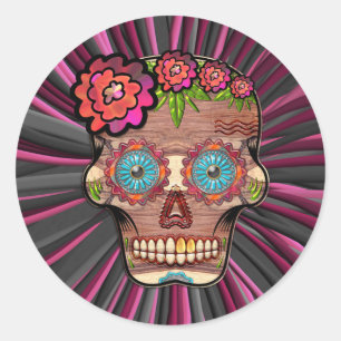 Sticker Rond Crâne de sucre en bois sculpté avec couronne fleur