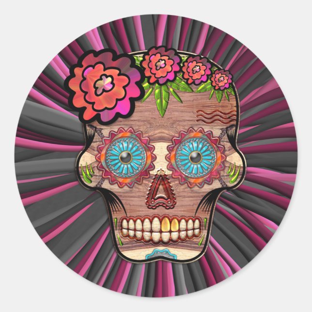 Sticker Rond Crâne de sucre en bois sculpté avec couronne fleur (Devant)