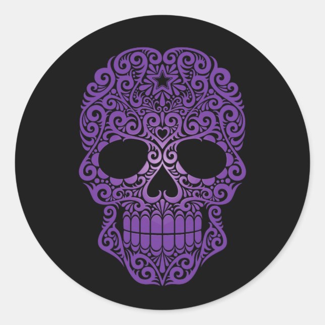Sticker Rond Crâne de sucre pourpre à brulant sur noir (Devant)