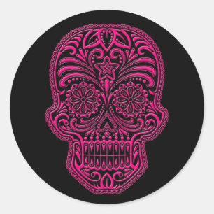 Sticker Rond Crâne de sucre rose complexe sur noir