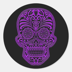 Sticker Rond Crâne de sucre violet complexe sur noir
