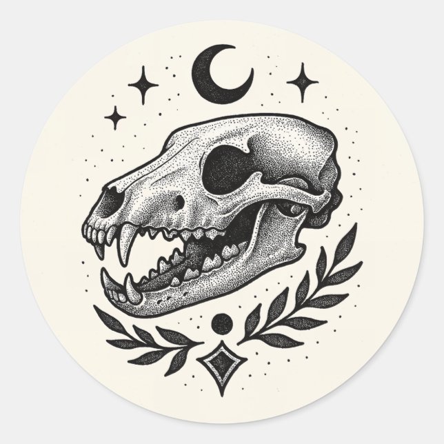 Sticker Rond Crâne de thylacine - Dotwork Conception inspirée d (Devant)