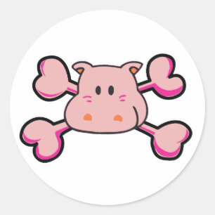 Sticker Rond crâne d'hippopotame rose os croisés roses