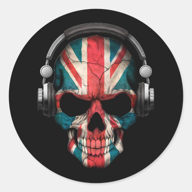 Sticker Rond Crâne Dj britannique personnalisable avec casque (Devant)