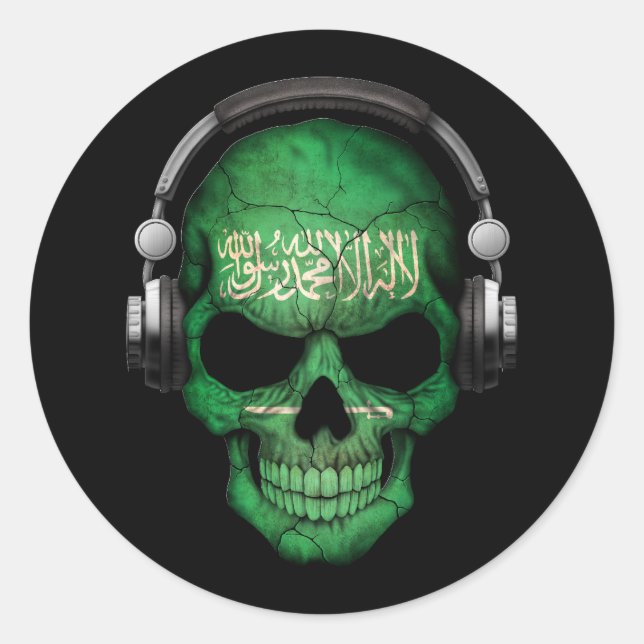 Sticker Rond Crâne Dj saoudien personnalisable avec casque (Devant)