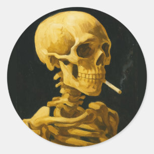 Sticker Rond Crâne doré fumant – Unique inspiré de Van Gogh