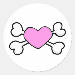 Sticker Rond Crâne et os entrecroisés à cœur rose