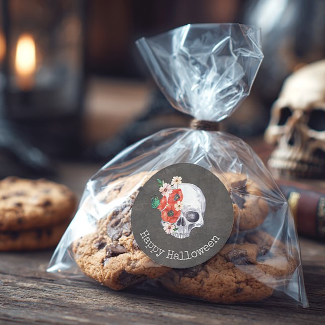 Sticker Rond Crâne Floral (Floral Skull Halloween Sticker)