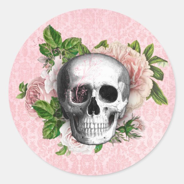 Sticker Rond Crâne gothique avec Rose | Halloween rose (Devant)